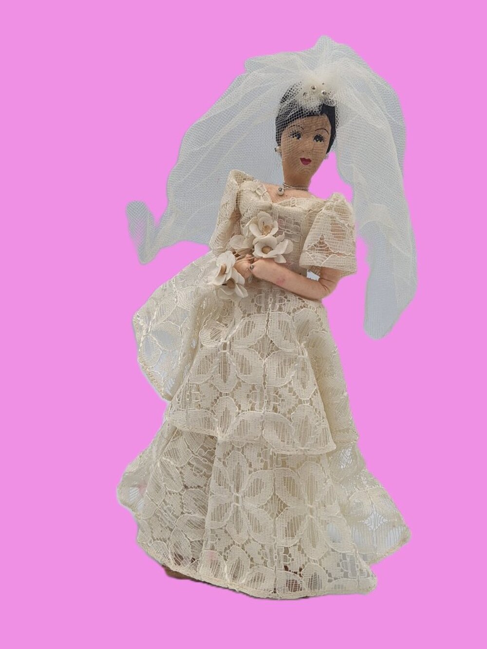 Vintage Filipina bride doll wearing a Maria Clara gown